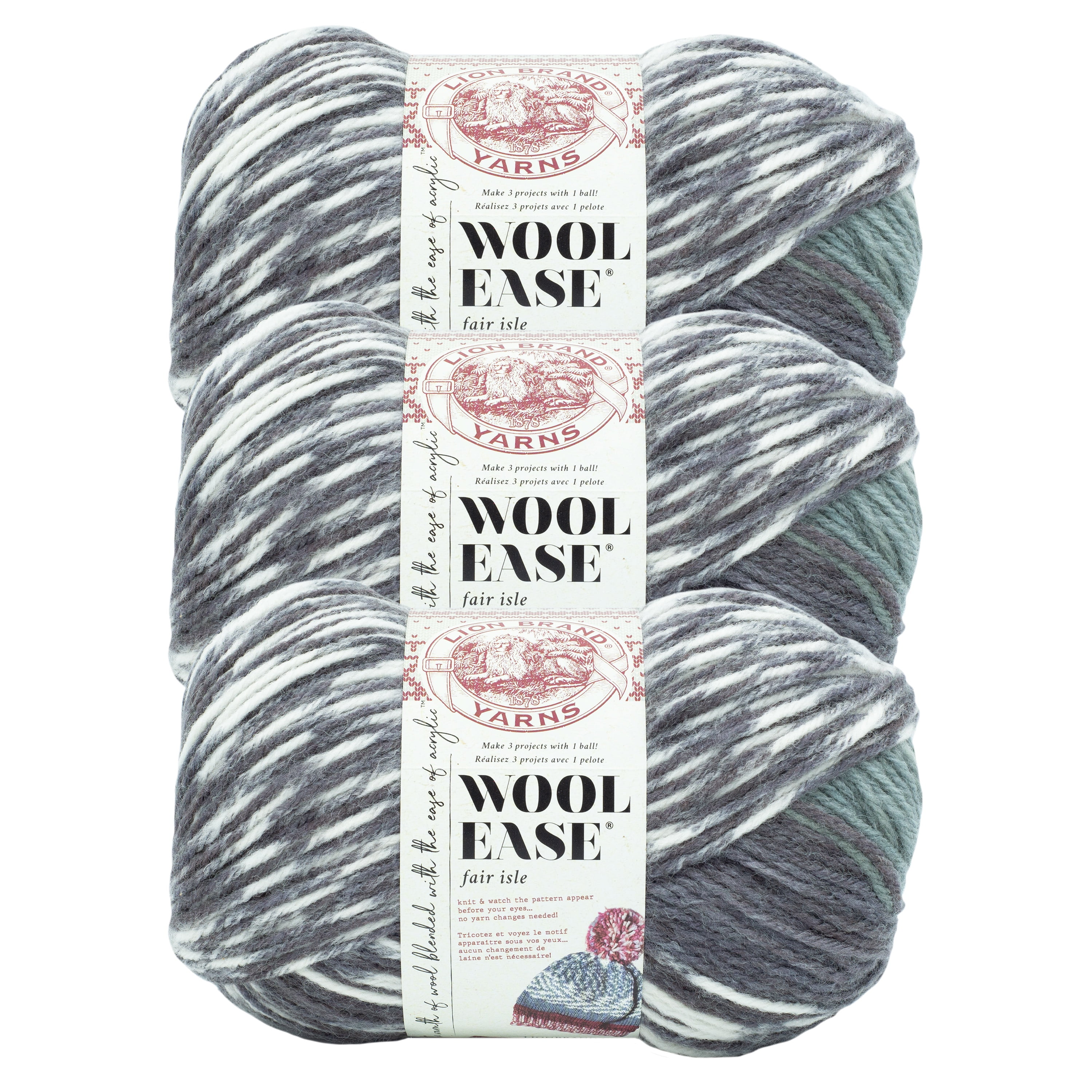 Lion Brand Yarn Wool-Ease Fair Isle Charcoal/Medium Grey Medium Acrylic, Wool Yarn 3 Pack