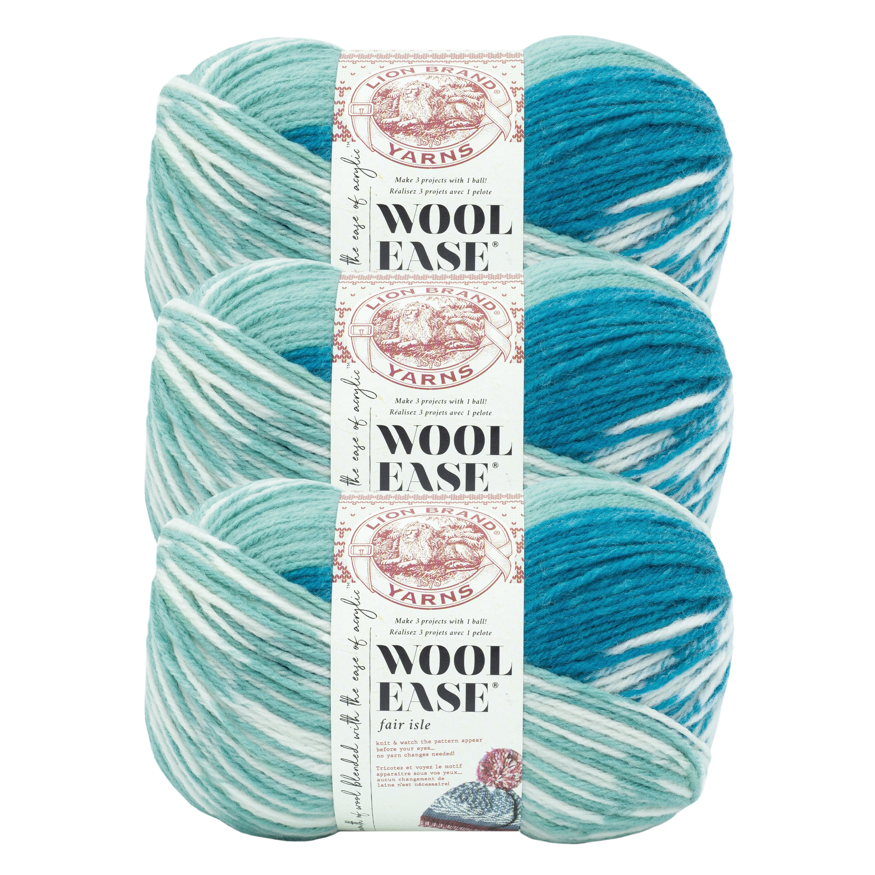 Lion Brand Yarn Wool-Ease Fair Isle Light Aqua/Turquoise Medium Acrylic, Wool Yarn 3 Pack