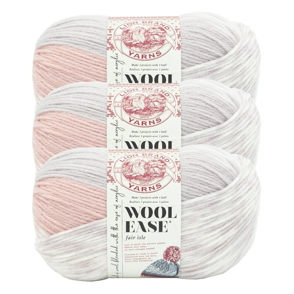 Lion Brand Yarn Wool-Ease Fair Isle Pink/Mushroom Medium Acrylic, Wool Multi-color Yarn 3 Pack