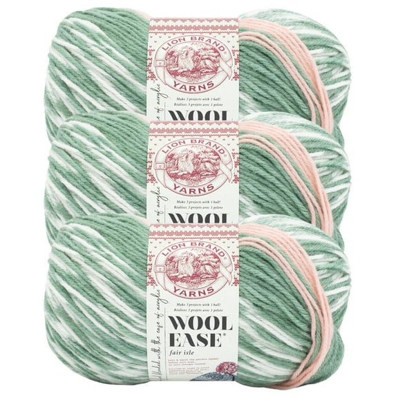 Lion Brand Yarn Wool-Ease Fair Isle Sage/Pink Salt Medium Acrylic, Wool Yarn 3 Pack