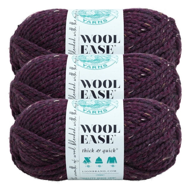 Lion Brand Yarn Wool-Ease Thick & Quick Raisin Super Bulky Acrylic Wool Purple Yarn 3 Pack