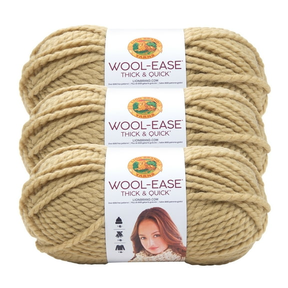 Lion Brand Yarn Wool-Ease Thick & Quick Peanut Super Bulky Acrylic, Wool Yarn 3 Pack