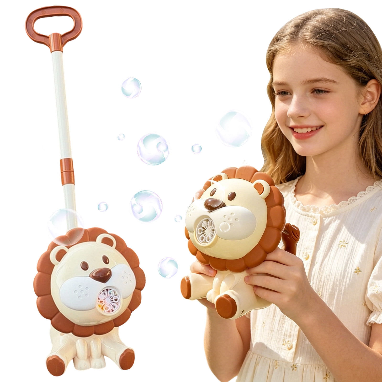 Lion Bubble Blowing Machine Push Cart, USB Rechargeable Automatic Bubble Blower with 100ml Bubble Solution, Handheld Outdoor Bubble Maker for Party Garden Lawn Activities (Brown)