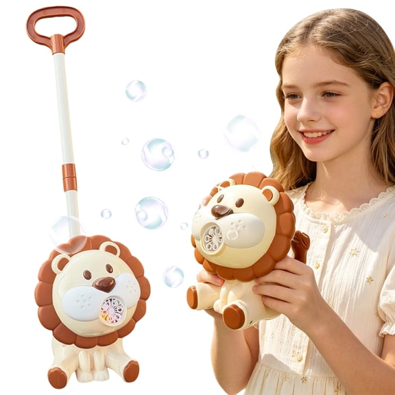Lion Bubble Blowing Machine Push Cart, USB Rechargeable Automatic Bubble Blower with 100ml Bubble Solution, Handheld Outdoor Bubble Maker for Party Garden Lawn Activities (Brown)