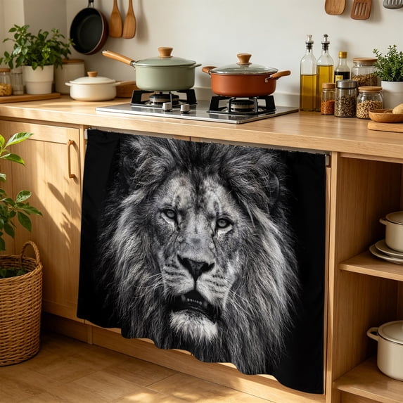 Lion Cabinet Curtains for Kitchen 35"W x 35"L, Modern Minimalist Black White Powerful Wild Animal Lion Head Laundry Sink Cabinets Magic Tape Short Curtain Privacy Panel for Bathroom Vanity Cabinets