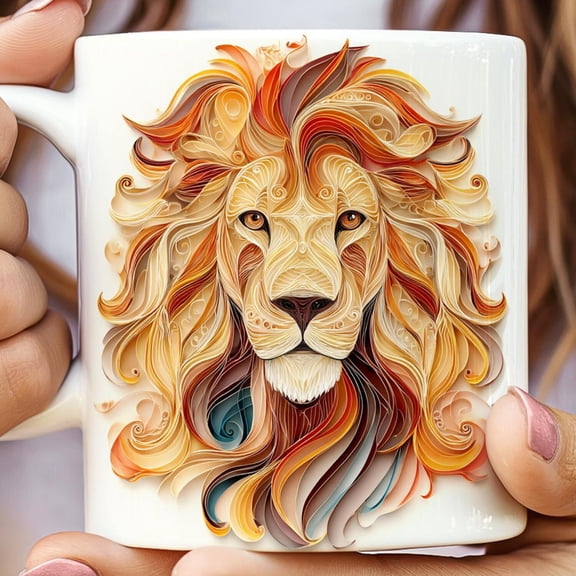 Lion Ceramic Mug, Quilled-look, Unique Animal Design, Wildlife Lover Gift, Coffee Cup, Tea Mug, Office Desk Decor, Kitchen Drinkware,