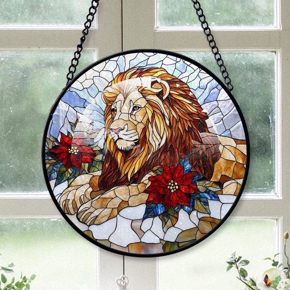 Lion Christmas, Lion Stained Glass Window Hangings, Lion Christmas, Lion Decor, Lion Christmas Tree Decorations Indoor Mens Gifts Ideas - 172HD789, Lion Round Stained Glass