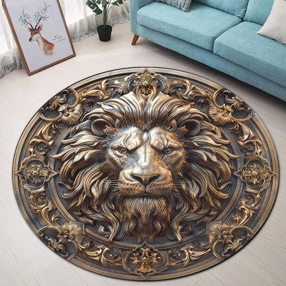 Lion Circle Round Area Rug, fierce big cat doormat carpet for living room, kitchen or bedroom, soft washable non-slip floor mat, aesthetic 3D lion home décor accent