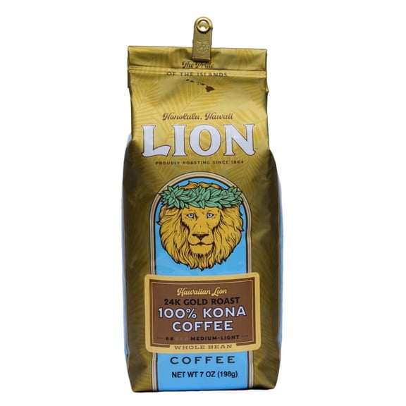 Lion Coffee 24K Gold Roast 100% Kona Whole Bean Coffee, Medium-Light Roast, Hawaiian Inspired Taste, 7 oz