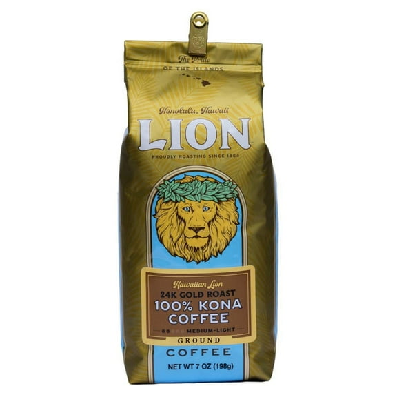 Lion Coffee 24K Gold Roast 100% Kona Ground Coffee, Medium-Light Roast, Hawaiian Inspired Taste, 7 oz