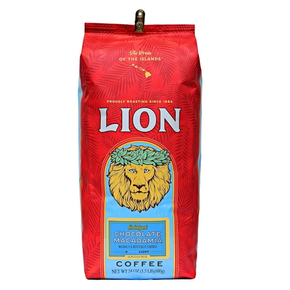Lion Coffee Chocolate Macadamia Ground Coffee, 100% Arabica, Light Roast, 24 oz