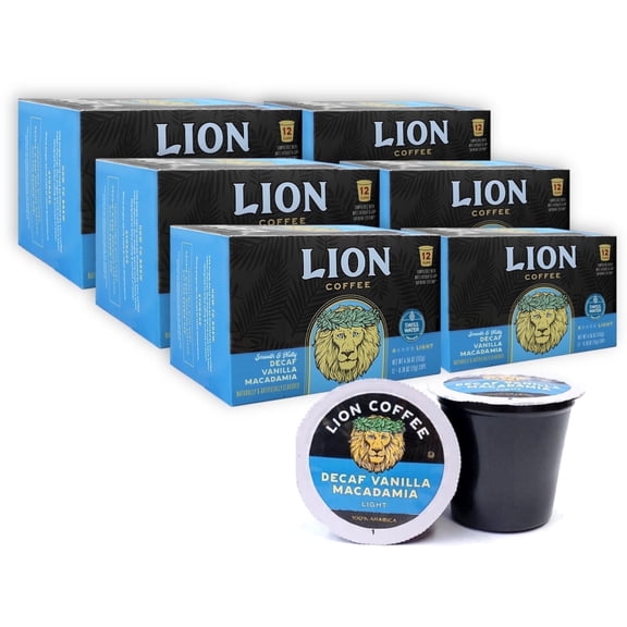 Lion Coffee DECAF Vanilla Macadamia Flavor, Single-Serve Coffee Pods - 12 Count Box (Pack of Six)