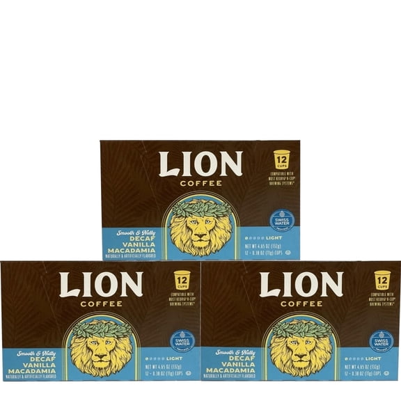 Lion Coffee DECAF Vanilla Macadamia Flavor, Single-Serve Coffee Pods - 12 Count Box (Pack of Three)