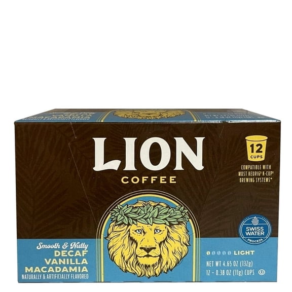 Lion Coffee Medium Roast Coffee Pods for Keurig Coffee Maker, Swiss Water Decaf, 12 Count