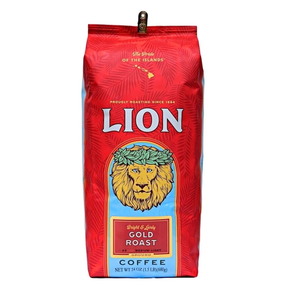 Lion Coffee Gold Roast Ground Coffee, 100% Arabica, Medium-Light Roast, 24 oz