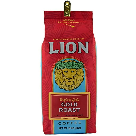Lion Coffee Medium Light Roast Ground Coffee, Hawaiian Coffee Beans, Gold Roast, 10 oz