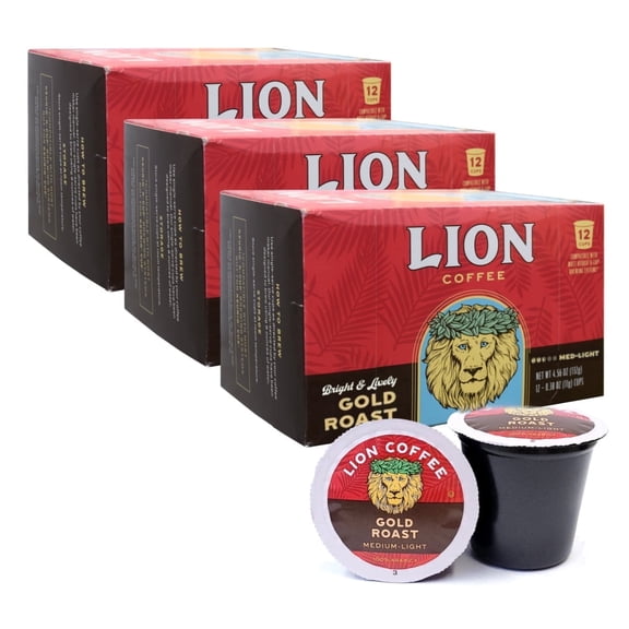 Lion Coffee Gold Roast, Single-Serve Coffee Pods - 12 Count Box (Pack of Three)