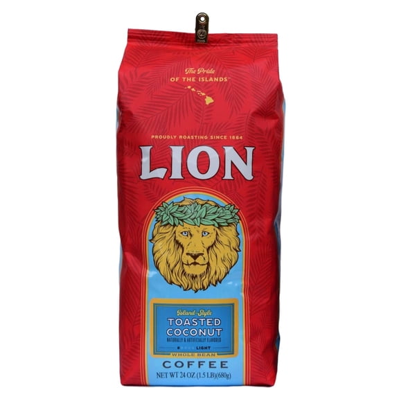 Lion Coffee, Toasted Coconut Flavor, Light Roast, Whole Bean, 24 Ounce Bag