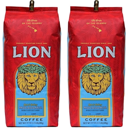 Lion Coffee, Macadamia Flavored, Light Roast - Whole Bean Coffee, 24 Ounce Bag (Pack of Two)