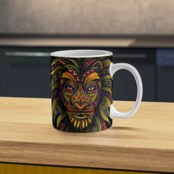 Lion Coffee Mug - oz. Mug - Animal Coffee Mug - esar - Art - Drawing - Colored Pencils - Black Coffee Cup - Yellow - Red - Blue.