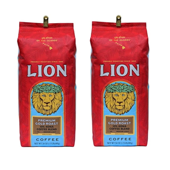 Lion Coffee, Premium Gold Roast, 10% Kona Coffee Blend, Ground, 24 Ounce Bag (Pack of Two)