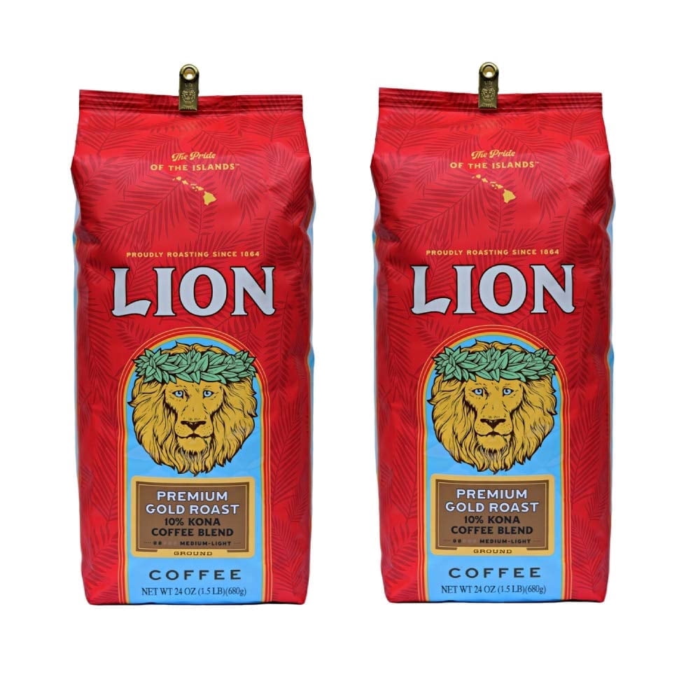 Lion Coffee, Premium Gold Roast, 10% Kona Coffee Blend, Ground, 24 Ounce Bag (Pack of Two)