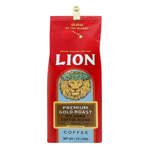 Lion Coffee Premium Gold Roast Ground Coffee, 10% Kona Blend, Medium-Light Roast, A Taste of Aloha - 7 Ounce Bag