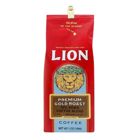 Lion Coffee Premium Gold Roast Ground Coffee, 10% Kona Coffee, Medium Light Roast Coffee, Hawaiian Coffee, 7oz