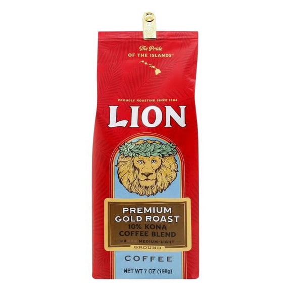 Lion Coffee Premium Gold Roast Ground Coffee, 10% Kona Coffee, Medium Light Roast Coffee, Hawaiian Coffee, 7oz