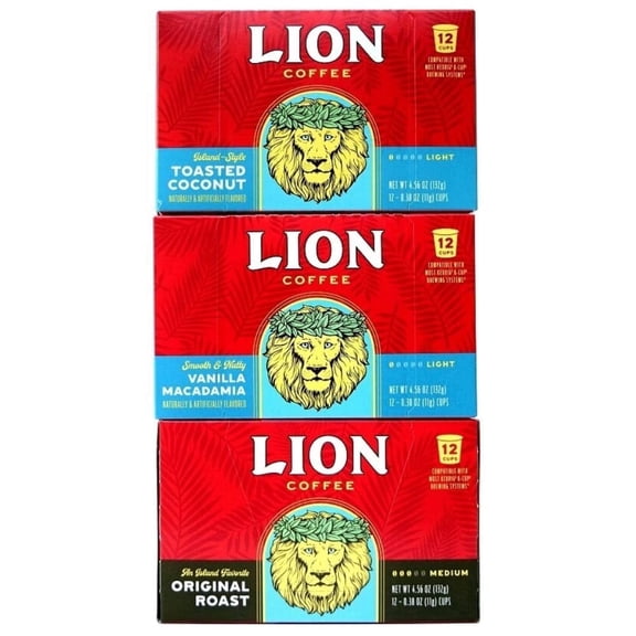 Lion Coffee Single Serve Pods Sampler Collection, 12 pods per Box (3 Boxes)