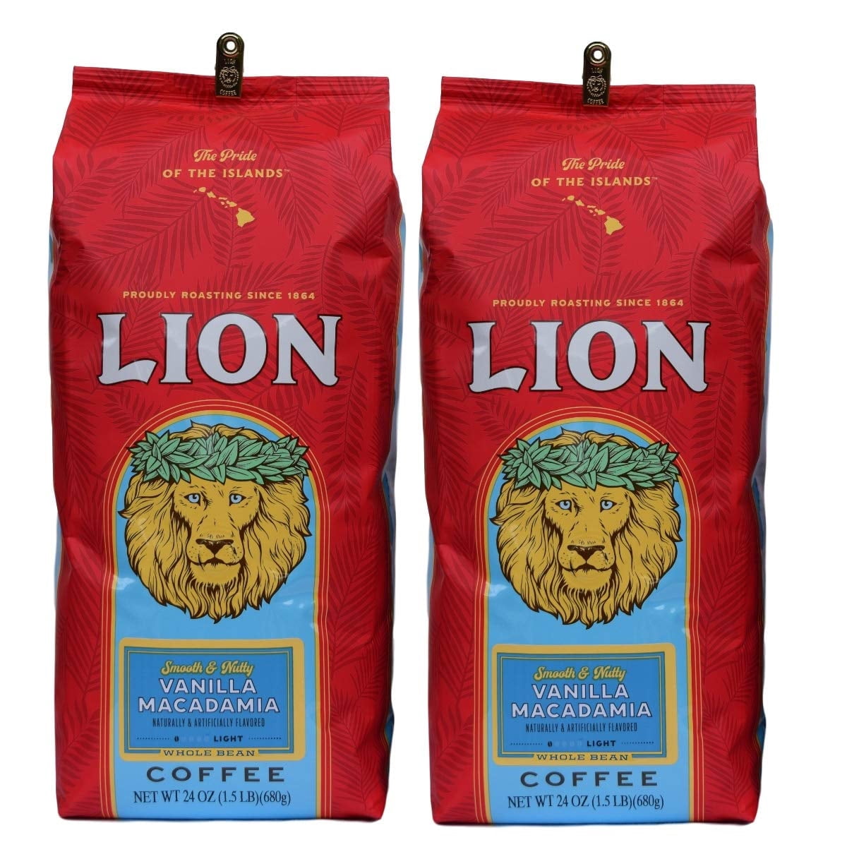Lion Coffee Vanilla Macadamia Ground Coffee, Light Roast, Hawaiian Inspired Taste, 24 oz 2-Pack