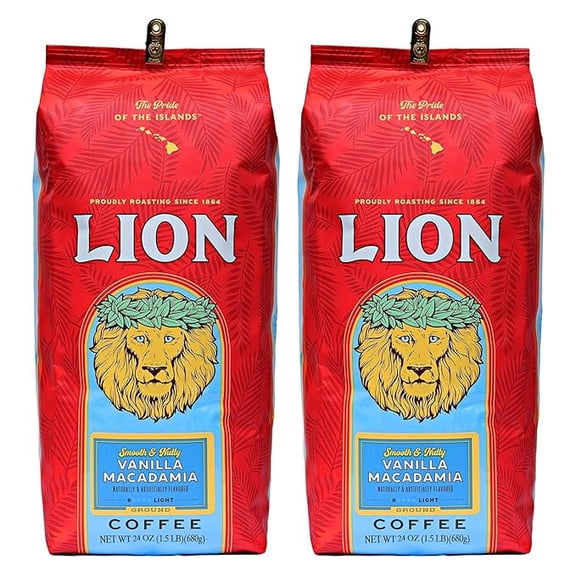 Lion Coffee Vanilla Macadamia Ground Coffee, Light Roast, Hawaiian Inspired Taste, 24 oz 2-Pack