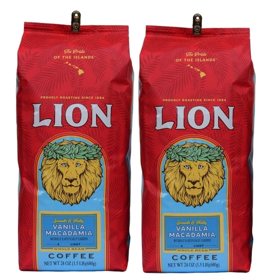 Lion Coffee Vanilla Macadamia Ground Coffee, Light Roast, Hawaiian Inspired Taste, 24 oz 2-Pack
