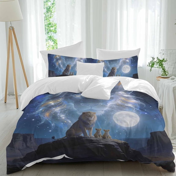 Lion Comforter Set Full Size, Watercolor Lion Fantasy Moon Mystic Natural Scenery Soft Bedding Set for Man Woman, 4 Pieces Duvet Cover Set with Fitted Sheet, 2 Pillowcases