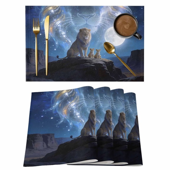 Lion Cotton Linen Placemats Set of 6, Watercolor Lion Fantasy Moon Mystic Natural Scenery Washable Table Place Mats Heat Insulating Placemat for Dining Room Kitchen Daily Use 13 x 19 Inch