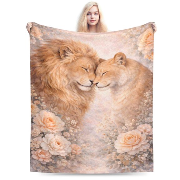 Lion Couple Floral Blanket Romantic Animal Throw Blanket Soft Cozy Blanket for Couch Bed Valentines Day Gift Decor 50x40