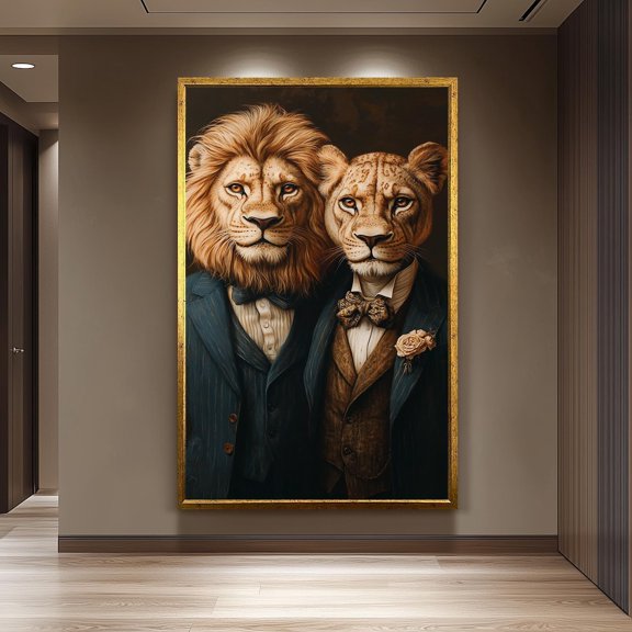 Lion Couple Print, Elegant Animal Portrait Art