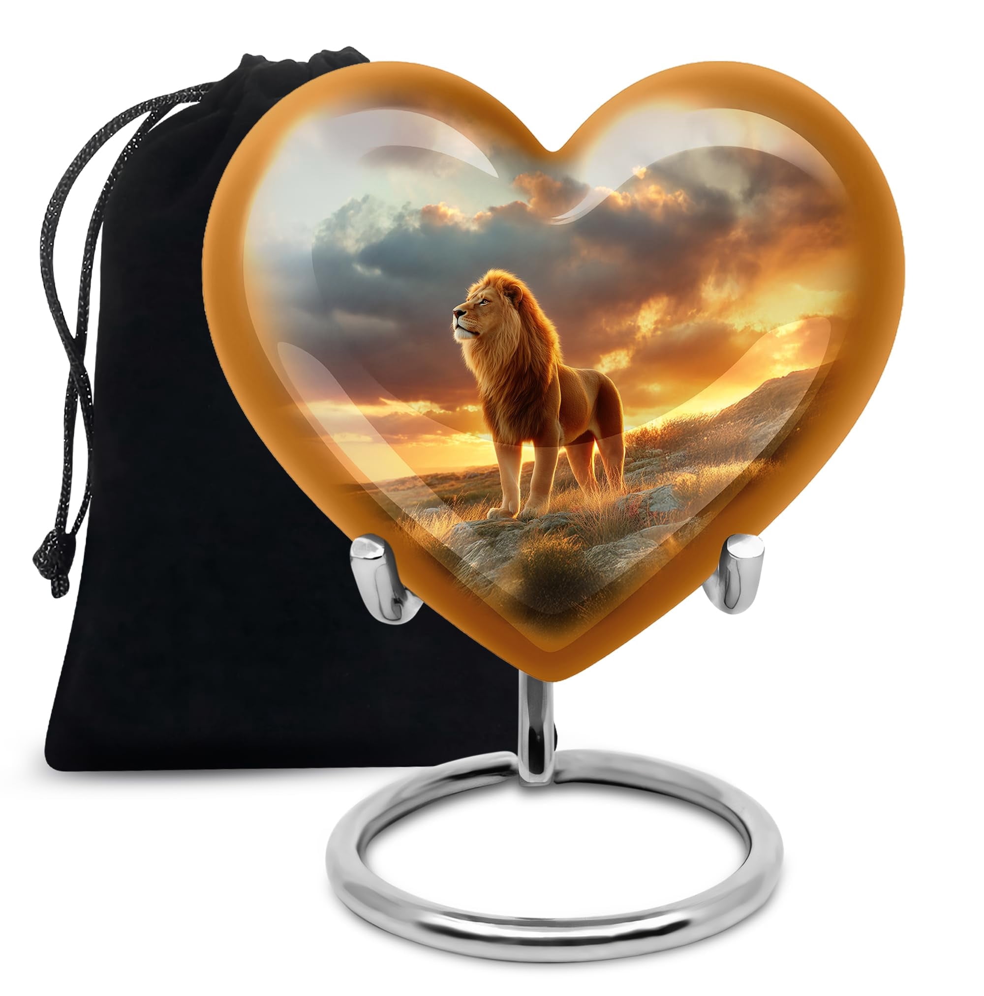 Lion Cremation Urns For Human Ashes Heart Shape - Adult Cremation Urn For Ashes, Heart Urn For Men & Women, Handmade Funeral Urns - 10inch, Large Size with Velvet Bag - 1pcs