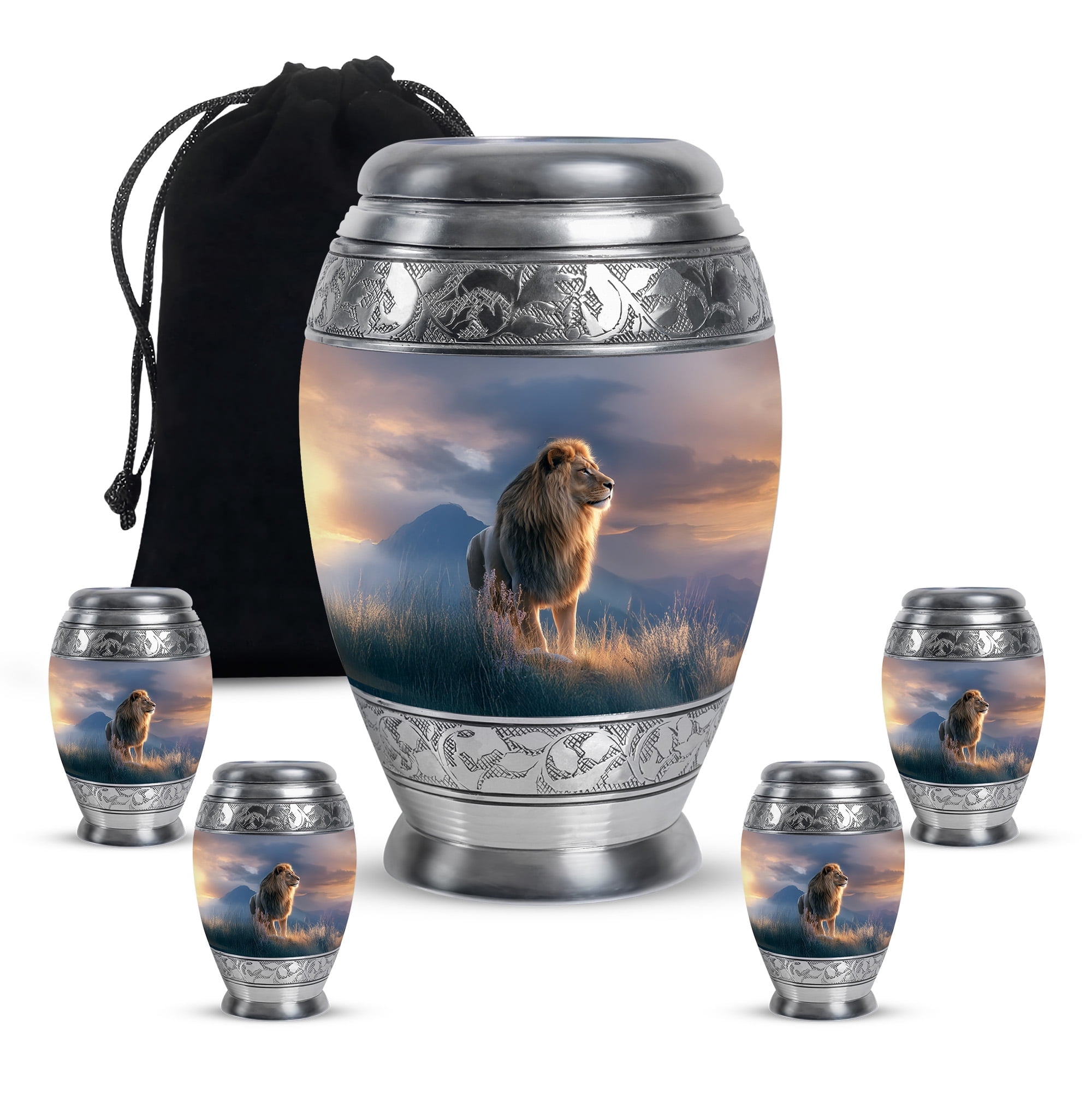 Lion Cremation Urns for Human Ashes, Mountain Lion Urn for Ashes Adult Male Female, Funeral Memorial Urns Box and Casket for Ashes - 3inch 4pcs Small & 10inch 1pcs Large Size Combo- Pack of 5