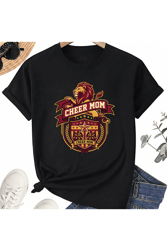 Lion Crest Cheer Mom Graphic T-Shirt for Women, Maroon Gold Shield Art, Unisex Cotton Short Sleeve