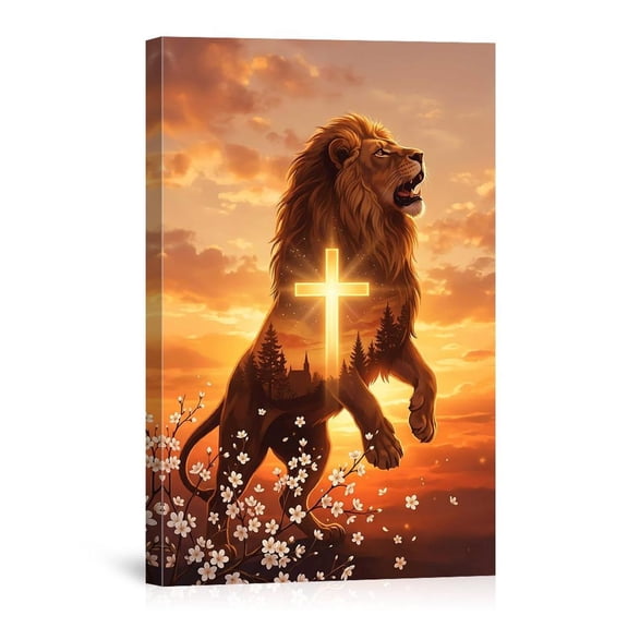 Lion Cross Sunset Religious Christian Art Forest Nature Wild Animal Canvas