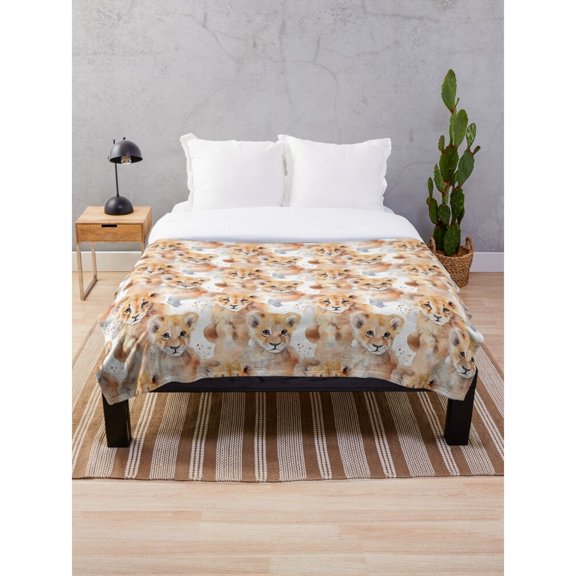 Lion Cub Faces Tan and Cream Fleece Blanket, 280 GSM Polyester Fleece, Wildlife Style for Couch or Bed
