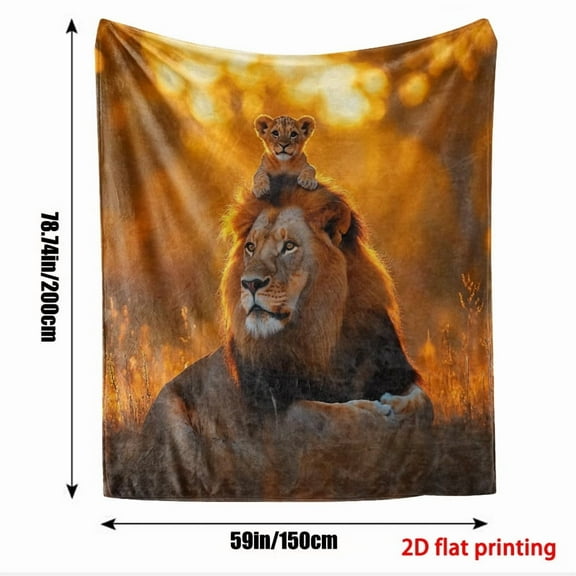 Lion & Cub Sunset Savannah Flannel Blanket - Lightweight Warm All-Season 2D Flat Print Lion Watching Sunset Bedspread, Soft Cozy Throw for Travel, Camping, Living Room, Office - Machine Washable Retr
