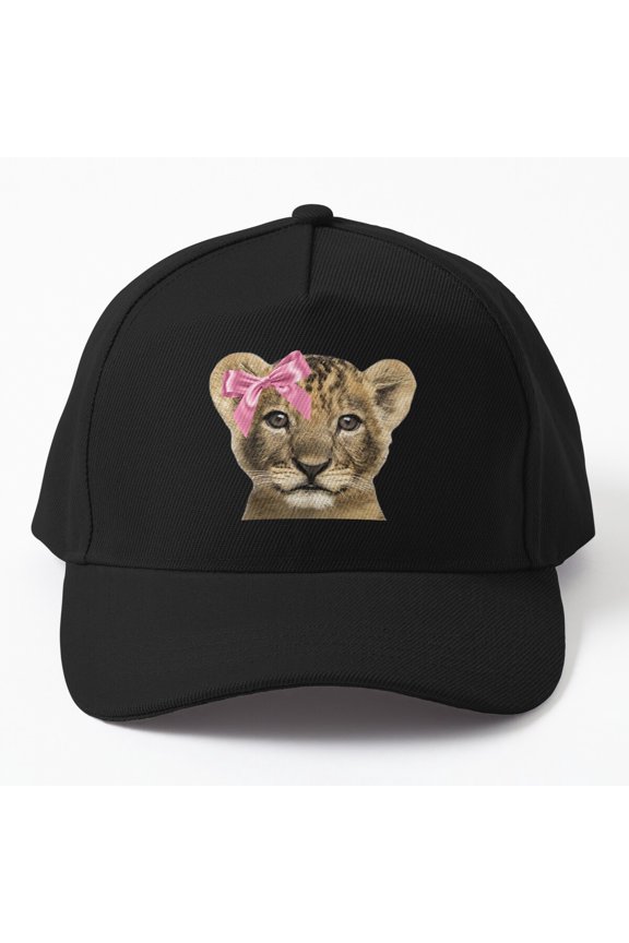 Lion Cub With Bow Baseball Hat, Cute Animal Character Graphic Design, Classic Everyday Cap