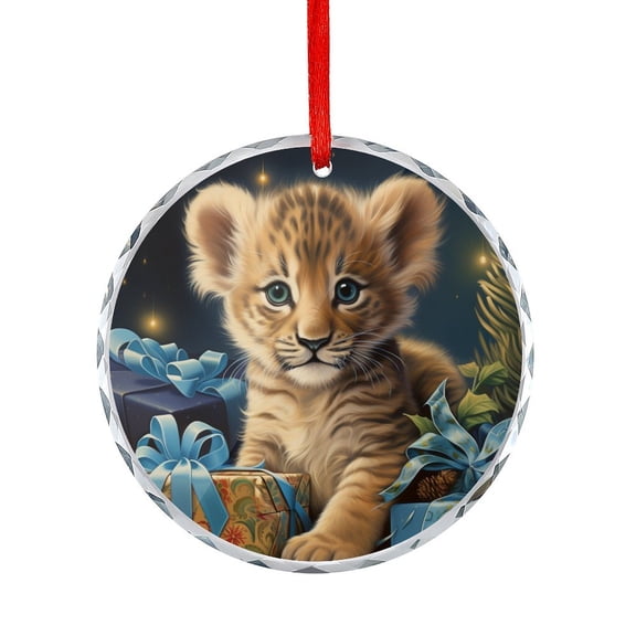 Lion Cub With Christmas Gift Ornament for Xmas Tree Xmas Rustic Winter Holiday Round Ornament
