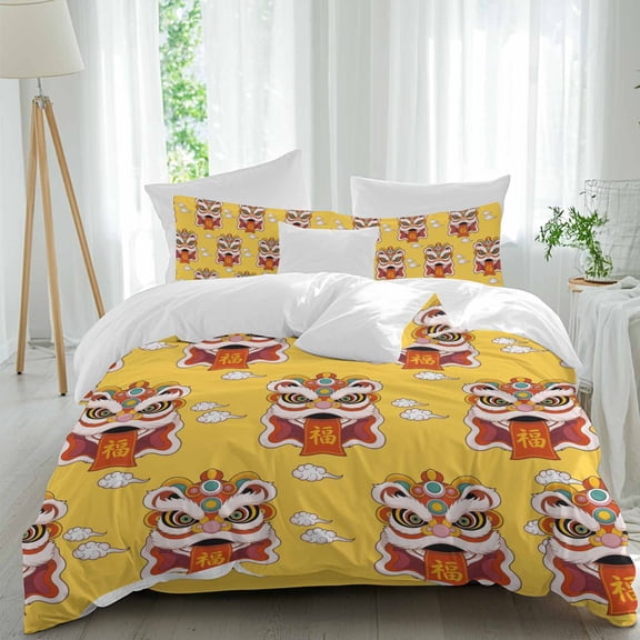 Lion Dance 4 Piece Duvet Cover Set Queen Size Happy New Year Chinese Style Lion Dance Auspicious Clouds Yellow Soft Bedding Set Comforter Cover, 1 Duvet Cover 1 Flat Sheets and 2 Pillowcases