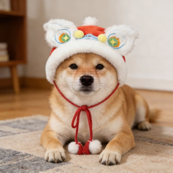 Lion Dance Cat Hat New Year Pet Cap Warm Dog Head Accessorries Cosplay Hat Costume for Cats Kitten Puppy Small Dogs (Head Circumference 10.24 inches)