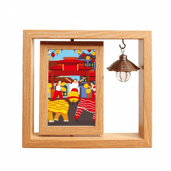 Lion Dance Chinese Custom China Town Wooden Rotating Picture Photo Frame 4x6