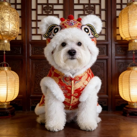 Lion Dance Dog Costume with Warm Plush Lining for Small Breeds, Winter Pet Clothes