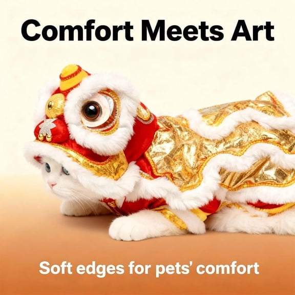 Lion Dance Pet Costume Chinese New Year Dog Hoodie Lion Dance Pet Costume Festive Pet Sweater Gold Dog Clothing Pet Apparel Dog Outfit Dog Hoodie with Pompoms for Spring Festival M